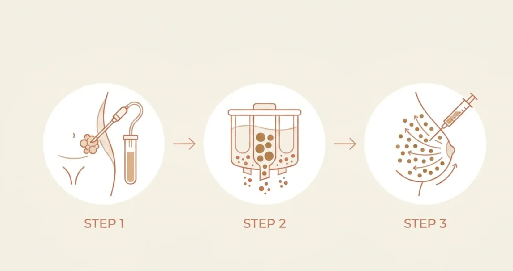 Three steps of a fat transfer: fat is harvested by liposuction, purified, then injected into the breast