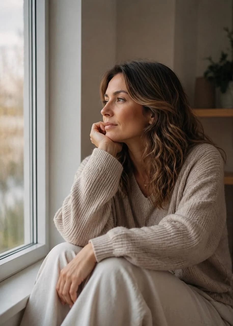 A woman sitting by a window, looking out thoughtfully