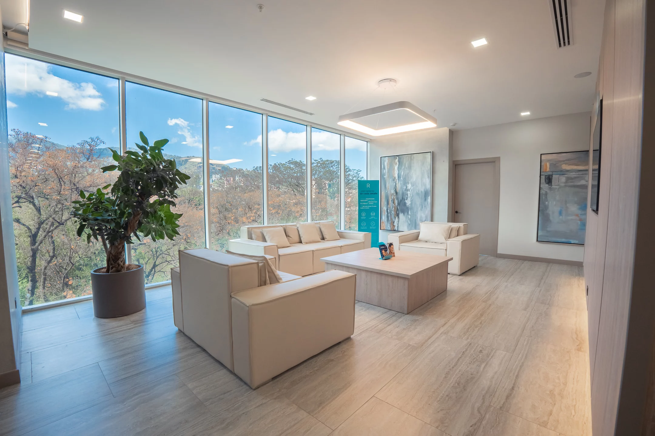 Calm, light-filled lounge at Dr. Urzola's clinic in Escazú, Costa Rica